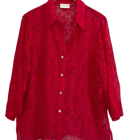 Alfred Dunner Semi-Sheer Red Button Down Blouse, 3/4 Sleeve, Anchors, Cruise L - Picture 1 of 14
